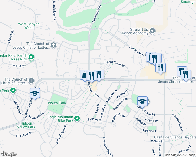map of restaurants, bars, coffee shops, grocery stores, and more near 3604 East Pony Express Parkway in Eagle Mountain