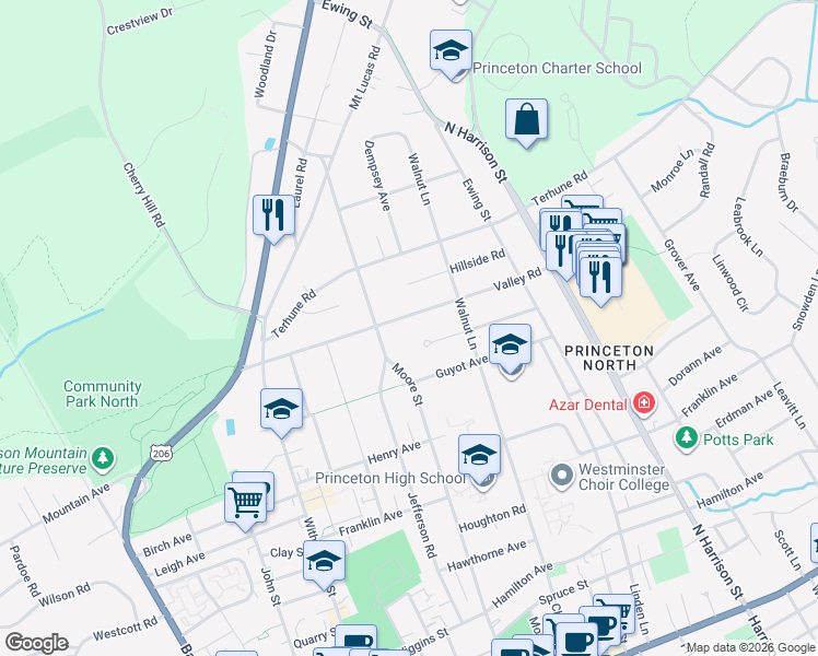 map of restaurants, bars, coffee shops, grocery stores, and more near 152 Hickory Court in Princeton