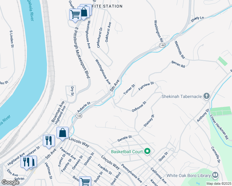 map of restaurants, bars, coffee shops, grocery stores, and more near 3200 Old 5th Avenue in North Versailles