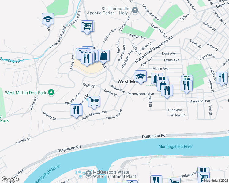 map of restaurants, bars, coffee shops, grocery stores, and more near 2103 Carolina Avenue in West Mifflin
