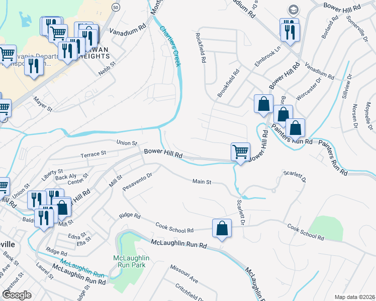 map of restaurants, bars, coffee shops, grocery stores, and more near in Scott Township
