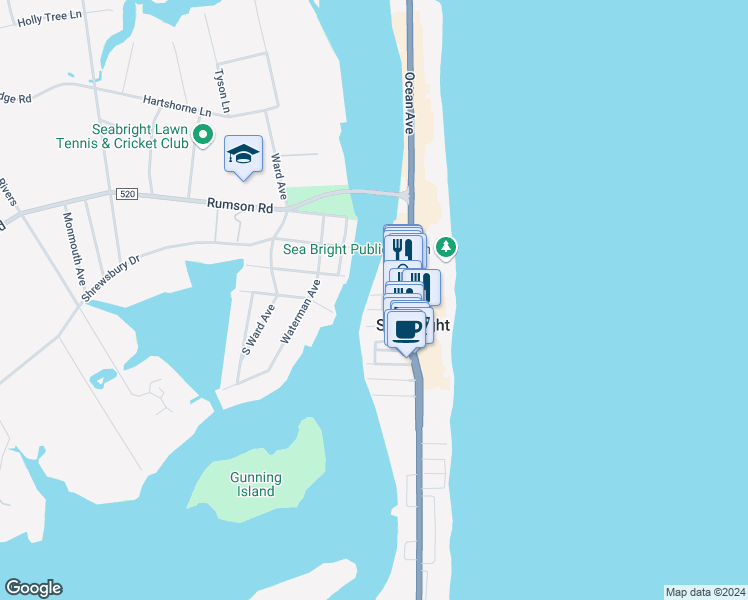 map of restaurants, bars, coffee shops, grocery stores, and more near 10 River Street in Sea Bright