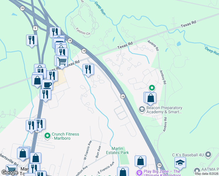 map of restaurants, bars, coffee shops, grocery stores, and more near 8 Enclosure Drive in Marlboro