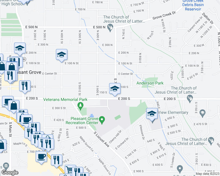map of restaurants, bars, coffee shops, grocery stores, and more near 109 South 670 East Street in Pleasant Grove