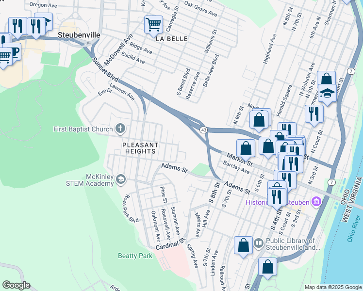 map of restaurants, bars, coffee shops, grocery stores, and more near 400 McKee Street in Steubenville