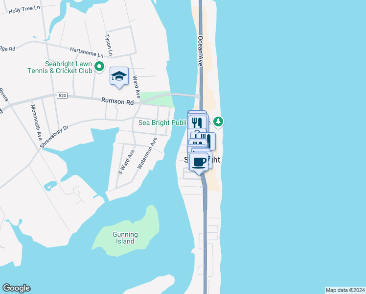 map of restaurants, bars, coffee shops, grocery stores, and more near 10 River Street in Sea Bright