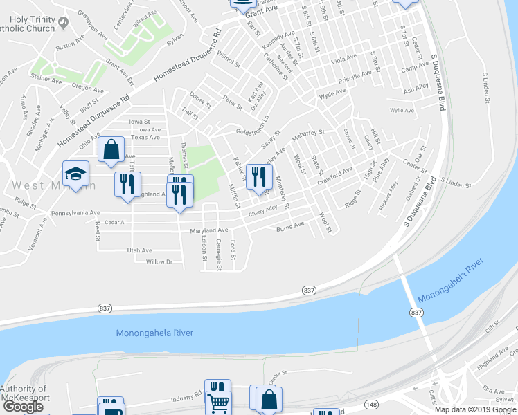map of restaurants, bars, coffee shops, grocery stores, and more near 1215 Crawford Avenue in Duquesne