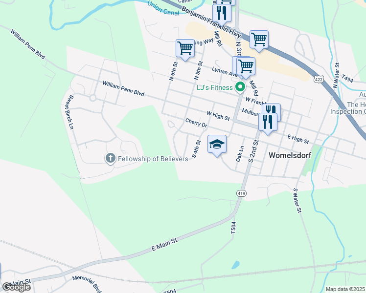 map of restaurants, bars, coffee shops, grocery stores, and more near 210 Adams Drive in Womelsdorf