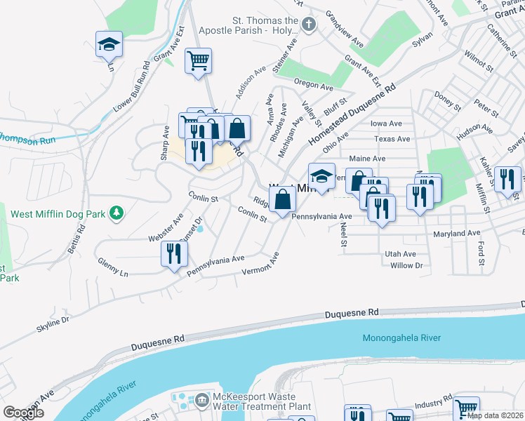 map of restaurants, bars, coffee shops, grocery stores, and more near 2103 Carolina Avenue in West Mifflin