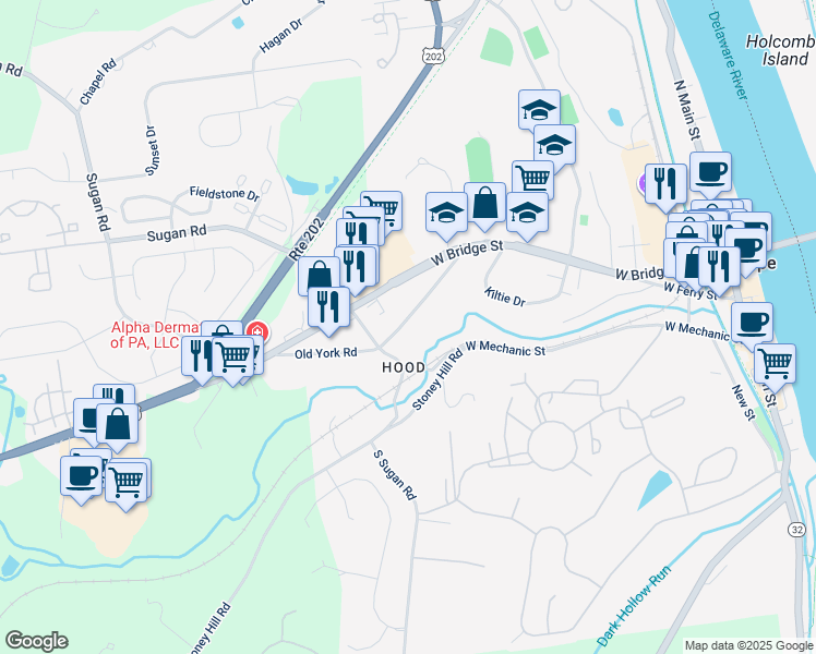 map of restaurants, bars, coffee shops, grocery stores, and more near 76 Old York Road in New Hope