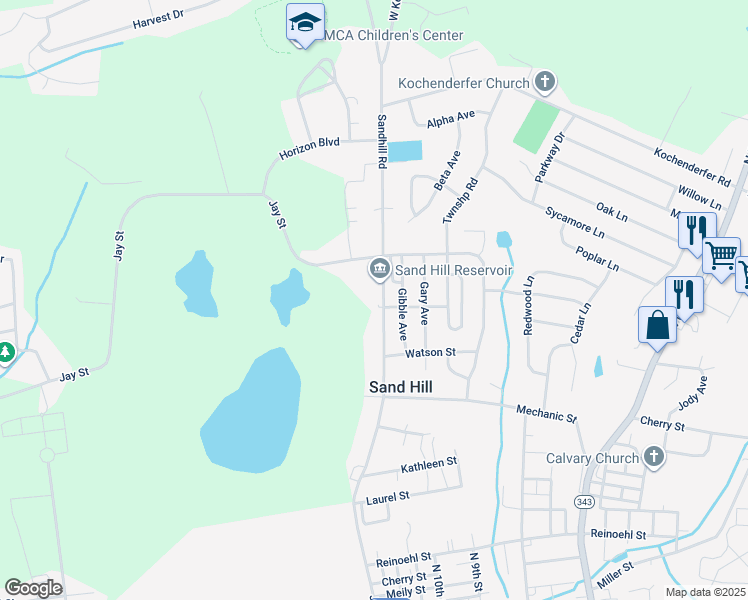 map of restaurants, bars, coffee shops, grocery stores, and more near 1403 Sandhill Road in Lebanon