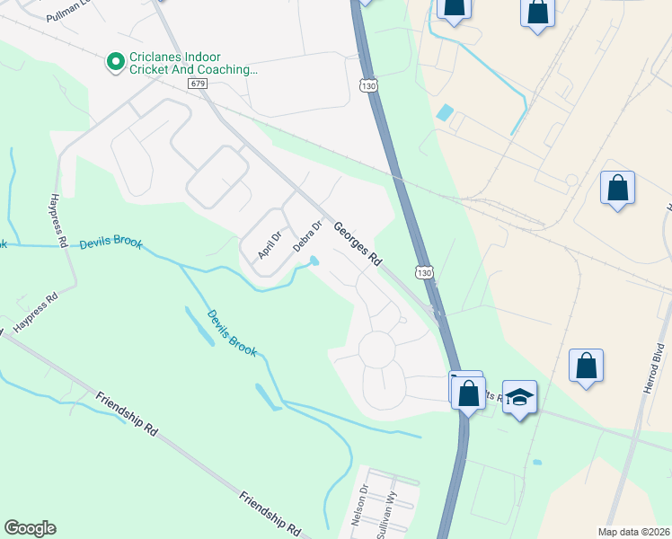 map of restaurants, bars, coffee shops, grocery stores, and more near 11 Valley Court in South Brunswick Township