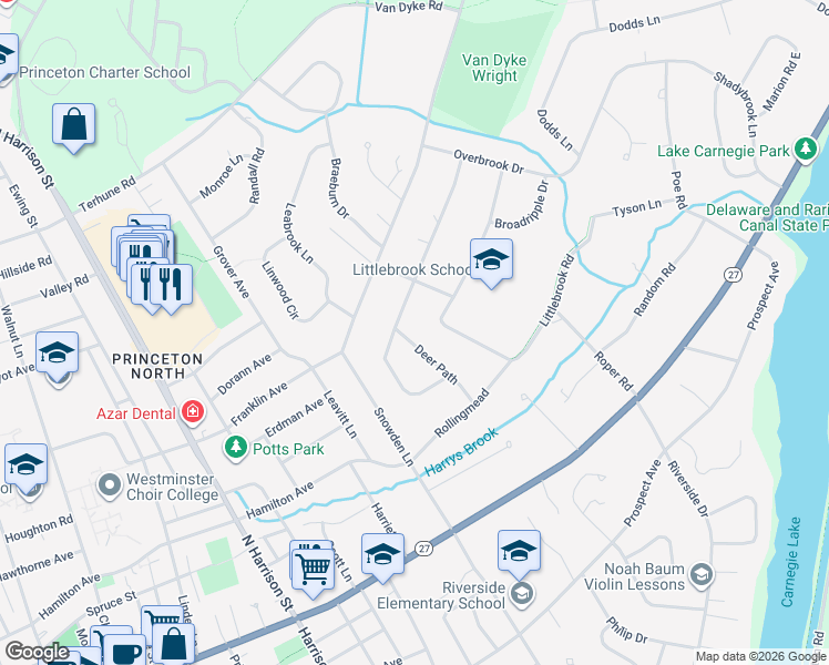 map of restaurants, bars, coffee shops, grocery stores, and more near 74 Deer Path in Princeton