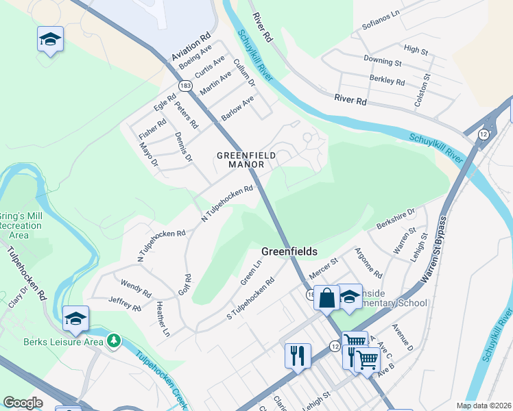 map of restaurants, bars, coffee shops, grocery stores, and more near 1800 Bernville Road in Reading