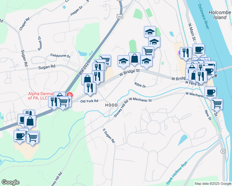 map of restaurants, bars, coffee shops, grocery stores, and more near 76 Old York Road in New Hope