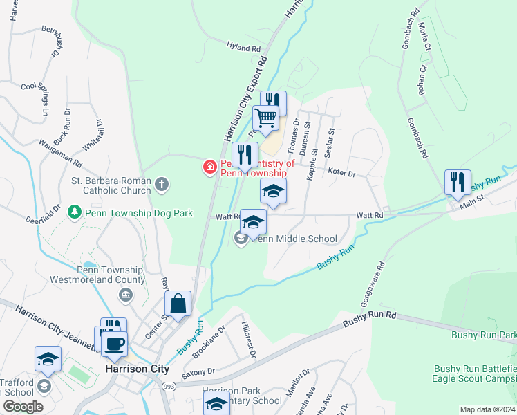map of restaurants, bars, coffee shops, grocery stores, and more near 1 Desavage Street in Jeannette