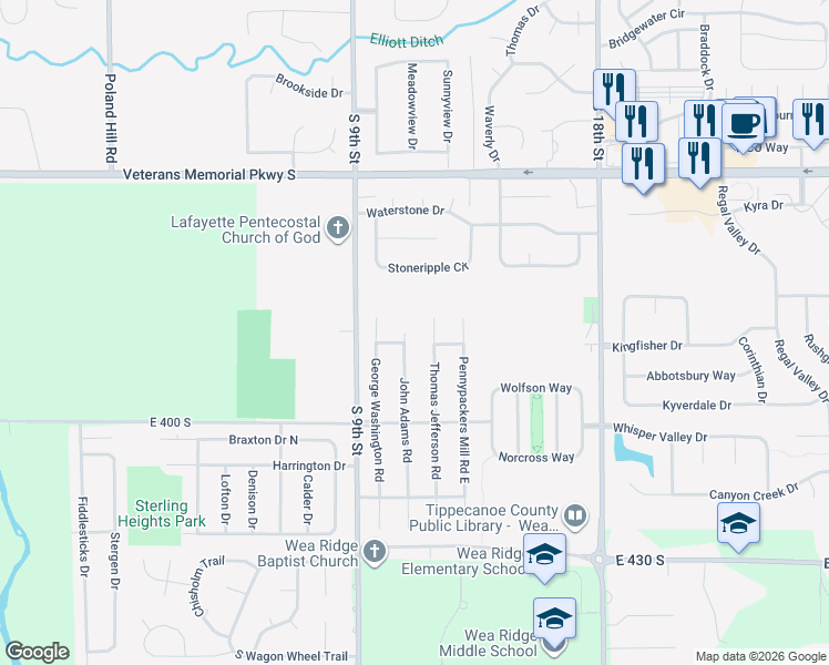 map of restaurants, bars, coffee shops, grocery stores, and more near 3803 John Adams Road in Lafayette