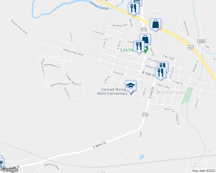 map of restaurants, bars, coffee shops, grocery stores, and more near 219 South 5th Street in Womelsdorf