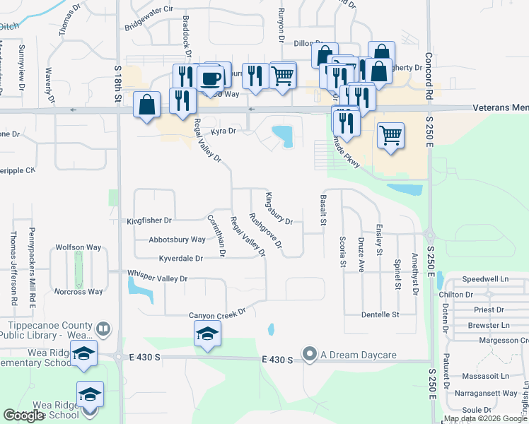 map of restaurants, bars, coffee shops, grocery stores, and more near 2228 Kingsbury Drive in Lafayette