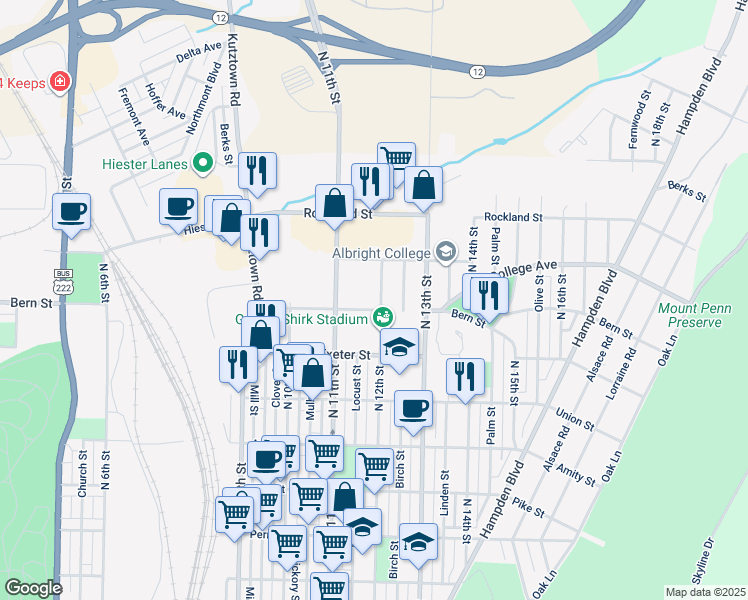 map of restaurants, bars, coffee shops, grocery stores, and more near 1800 North 12th Street in Reading