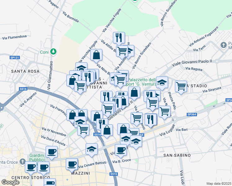 map of restaurants, bars, coffee shops, grocery stores, and more near Piazzetta Quasimodo Salvatore in Lecce