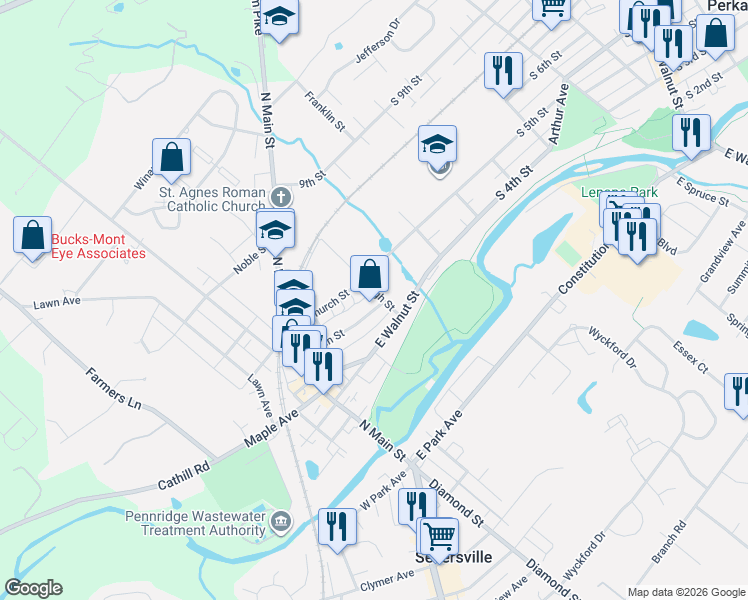 map of restaurants, bars, coffee shops, grocery stores, and more near 151 Green Street in Sellersville