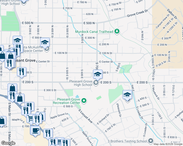 map of restaurants, bars, coffee shops, grocery stores, and more near 96 South 670 East Street in Pleasant Grove