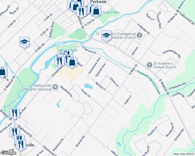 map of restaurants, bars, coffee shops, grocery stores, and more near 417 Summit Avenue in Perkasie