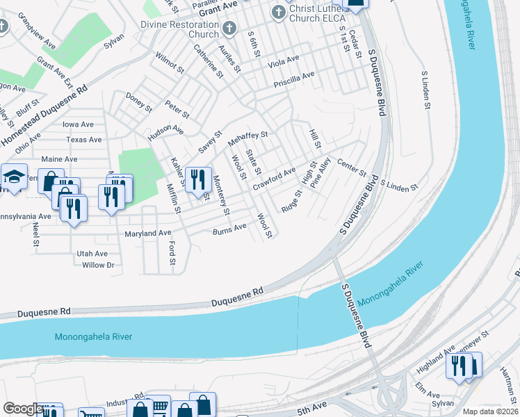 map of restaurants, bars, coffee shops, grocery stores, and more near 1101 Wool Street in Duquesne