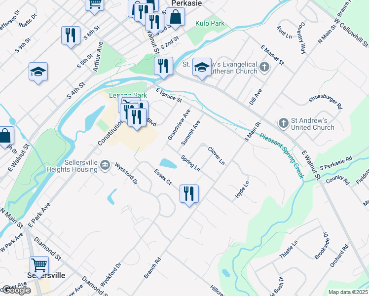 map of restaurants, bars, coffee shops, grocery stores, and more near 417 Summit Avenue in Perkasie