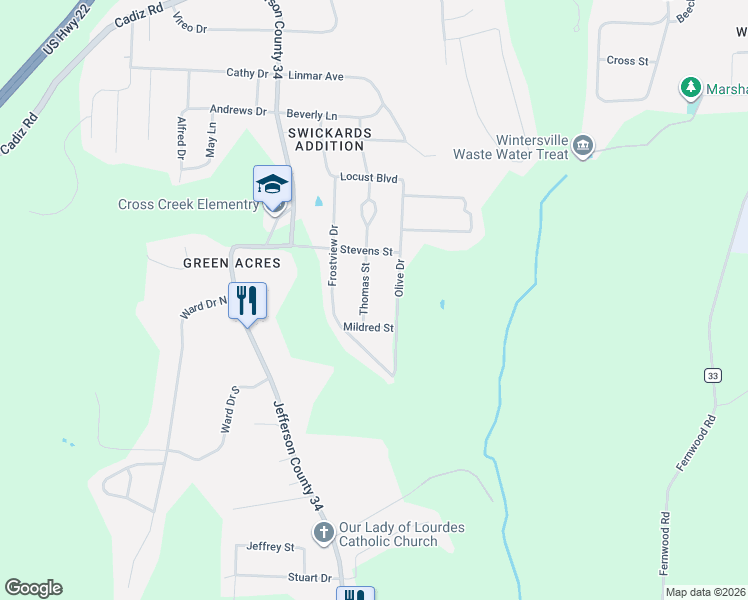 map of restaurants, bars, coffee shops, grocery stores, and more near 331 Thomas Street in Steubenville