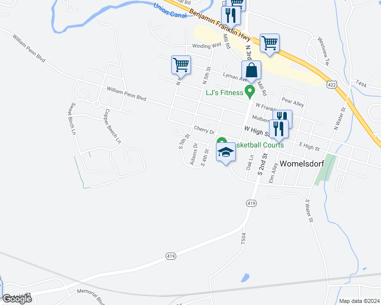 map of restaurants, bars, coffee shops, grocery stores, and more near 225 South 5th Street in Womelsdorf