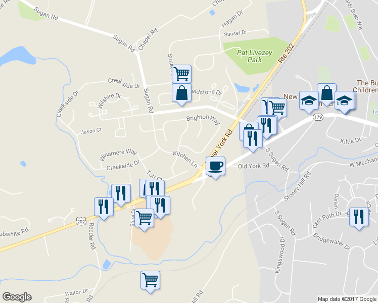 map of restaurants, bars, coffee shops, grocery stores, and more near 706 Brighton Way in New Hope