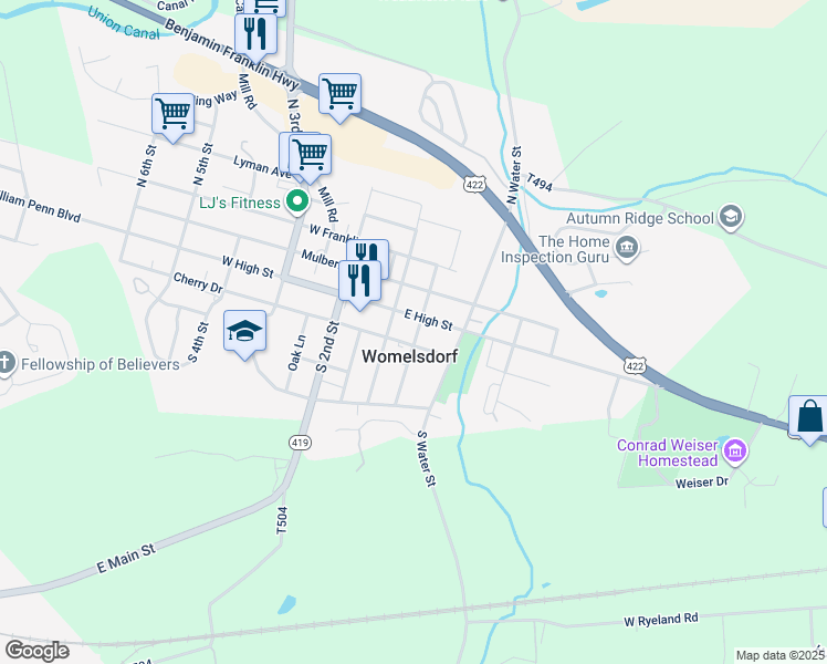 map of restaurants, bars, coffee shops, grocery stores, and more near 22 East High Street in Womelsdorf