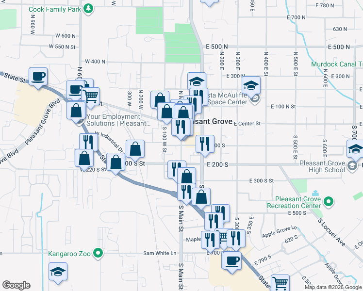 map of restaurants, bars, coffee shops, grocery stores, and more near 100 South Main Street in Pleasant Grove