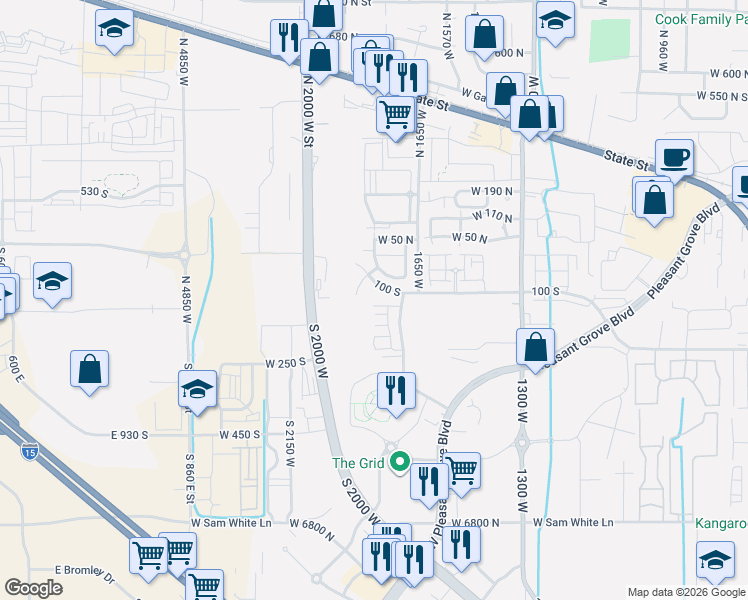 map of restaurants, bars, coffee shops, grocery stores, and more near 1798 West 110 South in Pleasant Grove