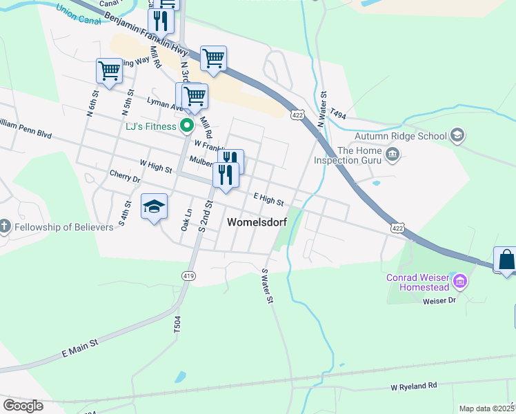 map of restaurants, bars, coffee shops, grocery stores, and more near 20 East High Street in Womelsdorf