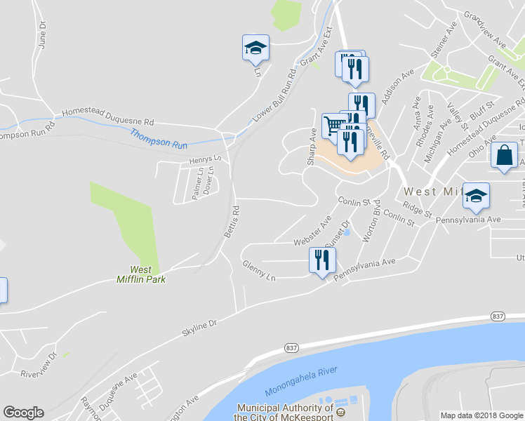 map of restaurants, bars, coffee shops, grocery stores, and more near 2845 Homestead Duquesne Road in West Mifflin