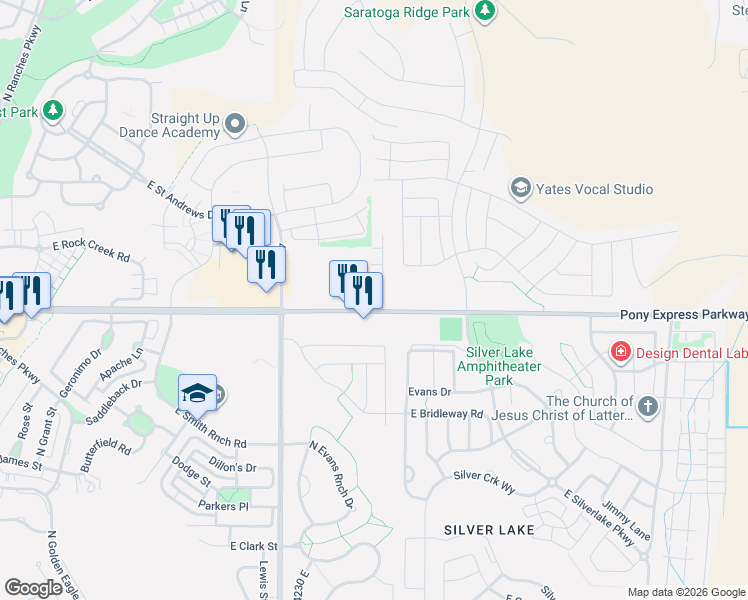 map of restaurants, bars, coffee shops, grocery stores, and more near 4372 East Colt Court in Eagle Mountain