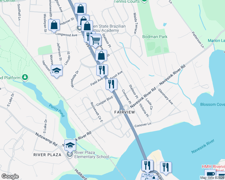 map of restaurants, bars, coffee shops, grocery stores, and more near 160 New Jersey 35 in Red Bank