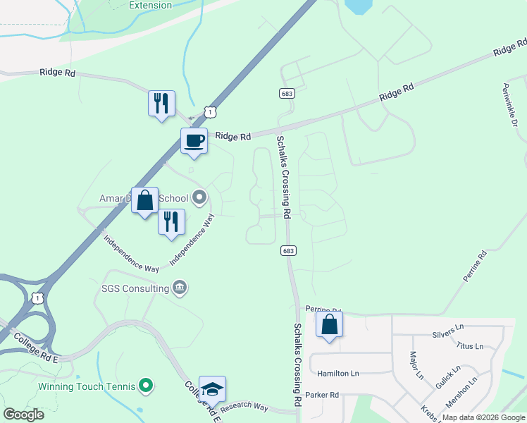 map of restaurants, bars, coffee shops, grocery stores, and more near 4101 Schindler Drive in South Brunswick Township