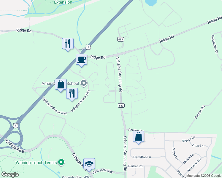 map of restaurants, bars, coffee shops, grocery stores, and more near 4703 Schindler Drive in South Brunswick Township
