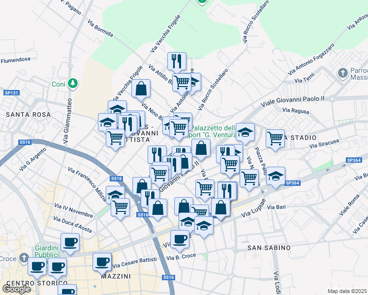 map of restaurants, bars, coffee shops, grocery stores, and more near 13 Via Stano Giovanni in Lecce
