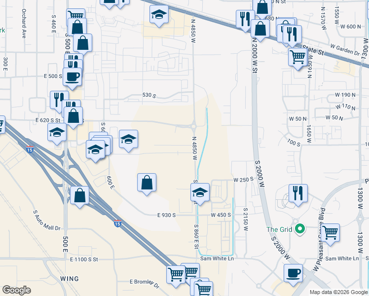 map of restaurants, bars, coffee shops, grocery stores, and more near 684-886 South 860 East Street in American Fork