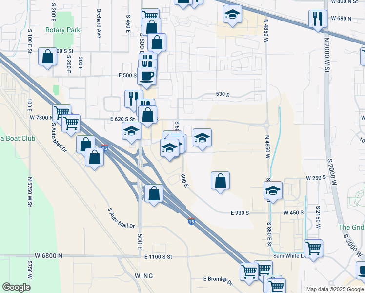 map of restaurants, bars, coffee shops, grocery stores, and more near 572 South 600 East Street in American Fork