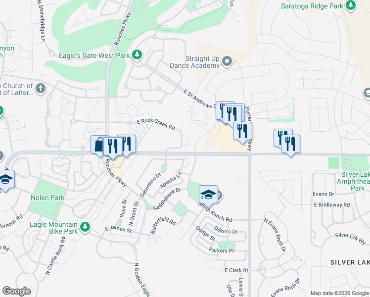 map of restaurants, bars, coffee shops, grocery stores, and more near 3822 Navajo Drive in Eagle Mountain
