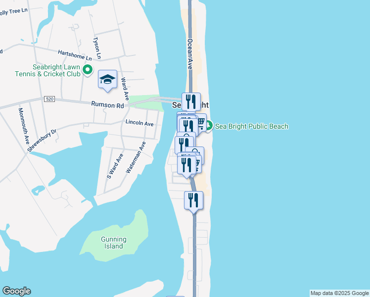 map of restaurants, bars, coffee shops, grocery stores, and more near in Sea Bright