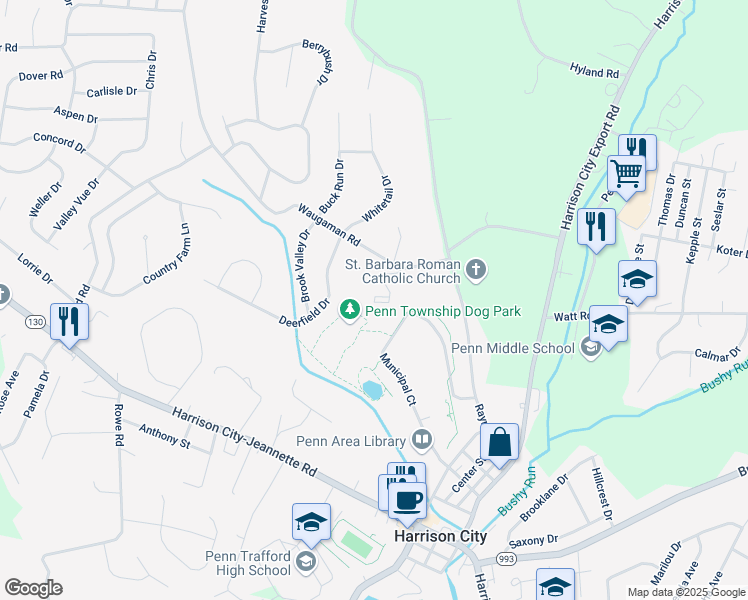 map of restaurants, bars, coffee shops, grocery stores, and more near 133 Common Court in Harrison City