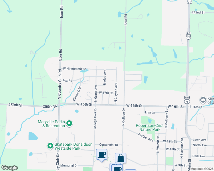map of restaurants, bars, coffee shops, grocery stores, and more near 1001-1013 West 17th Street in Maryville