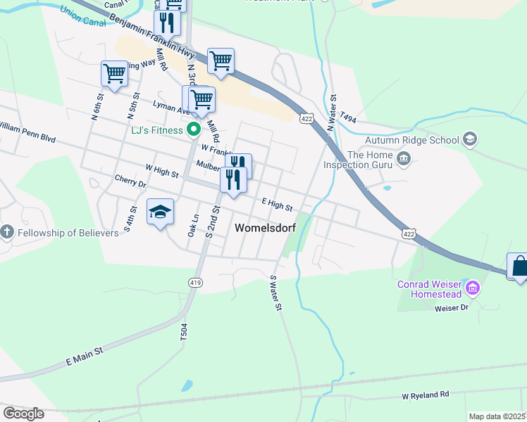 map of restaurants, bars, coffee shops, grocery stores, and more near in Womelsdorf